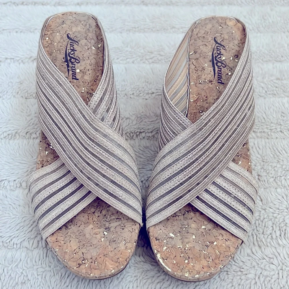 Lucky Brand Miller Cork Wedge Platform Criss Cross Gold Straps Slide Sandals
